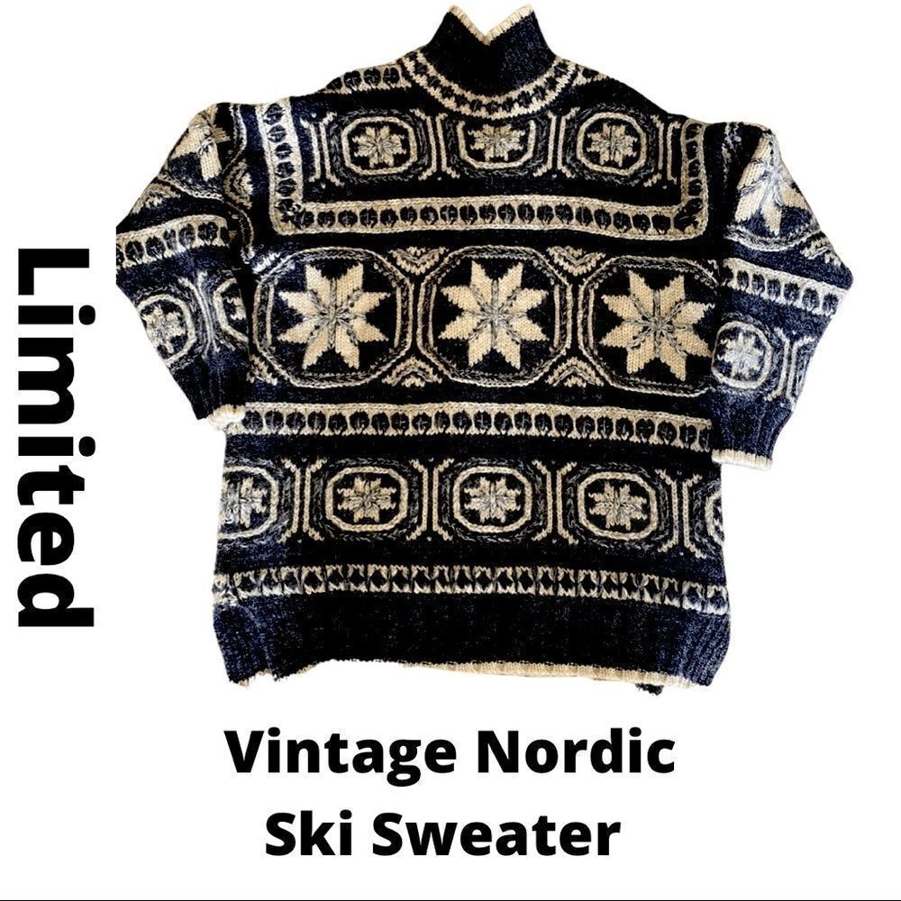 Limited Vintage Wool Snowflake Sweater, Nordic Design, Loose Fit, High Collar